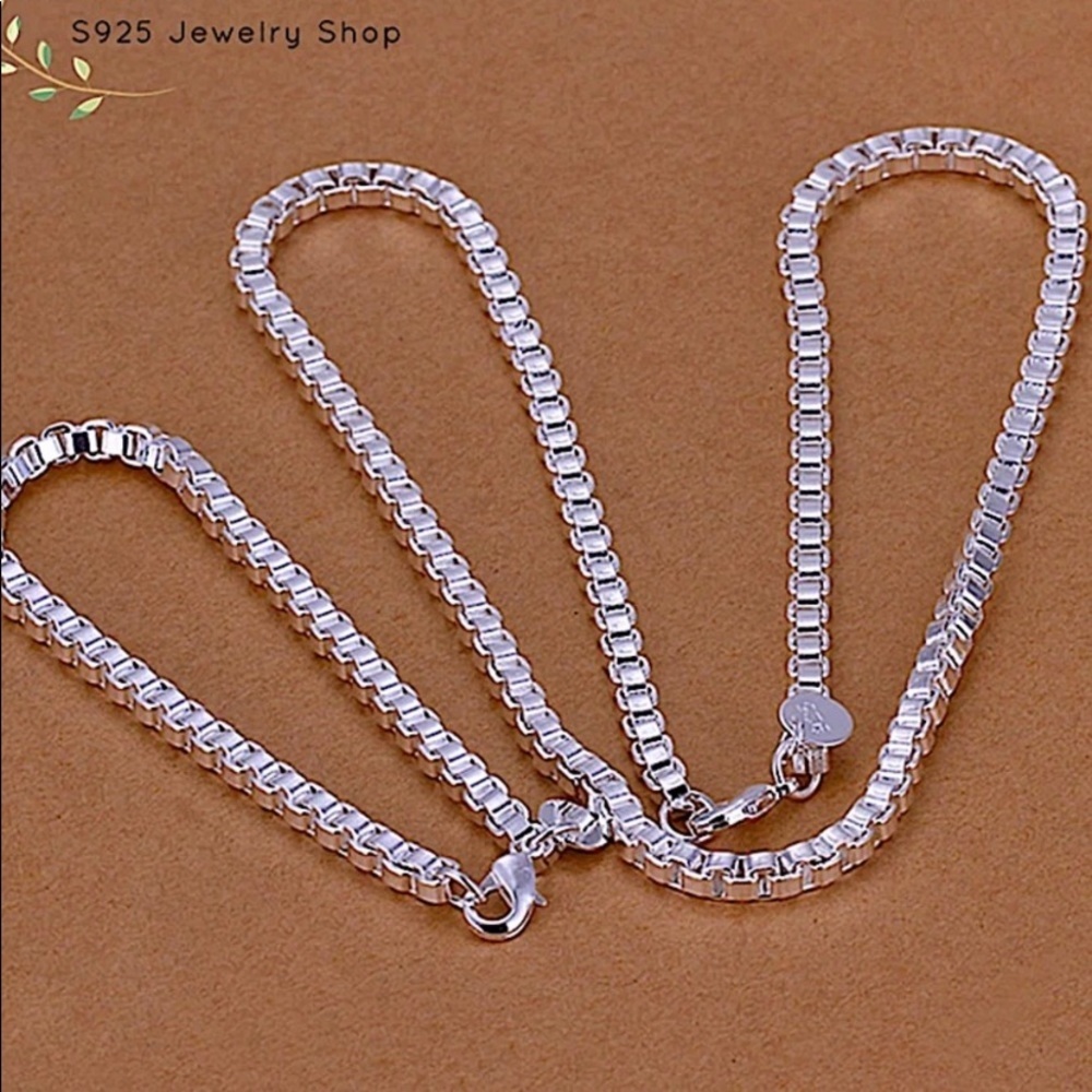 STERLING SILVER BOX CHAIN LINK NECKLACE BRACELET MATCHING SET